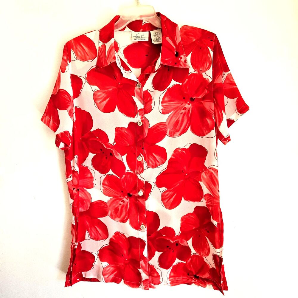 Kathy Lee Blouse Womens Large White Red Floral Short Sleeve Button Up Top Shirt